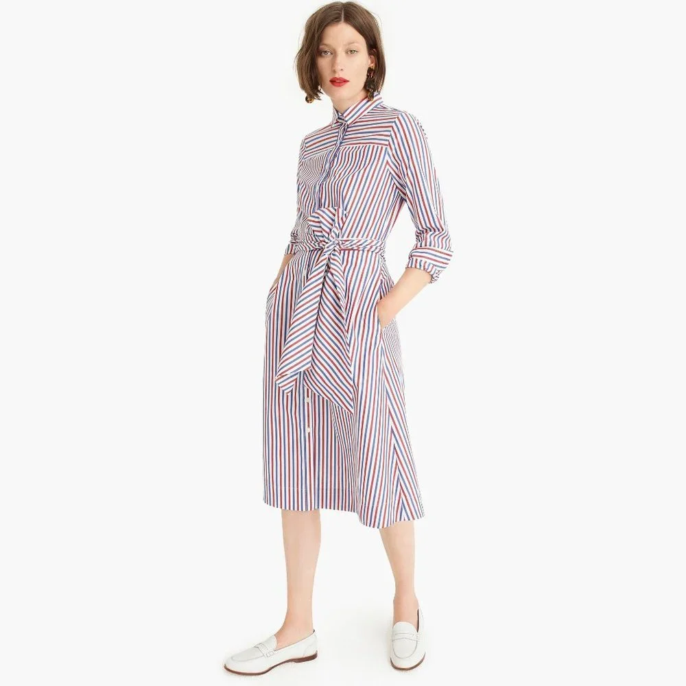 NWT Womens Size 00 J Crew Red White Blue Stripe Tie-Waist Navy Shirt Dress